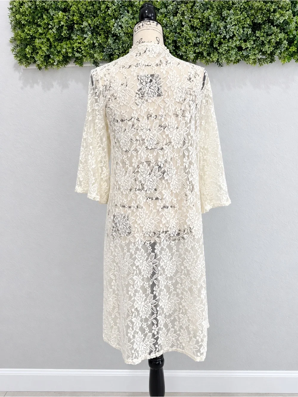 Ivory Floral Lace Kimono Beach Cover Up Boho Size L
